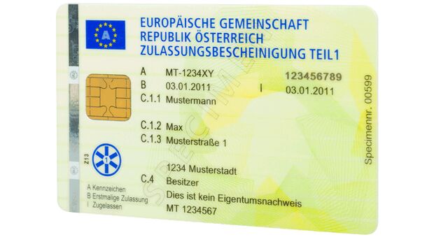 Zulassungsbescheinigung Teil 1 Scheckkarte Österreich