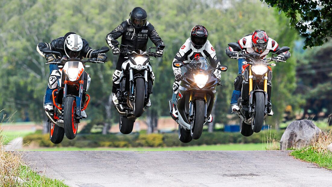 Honda CB 1000 R, KTM 690 Duke R, Suzuki GSX-R 750 und Yamaha MT-09 im Test