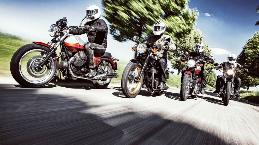 Motorräder von Harley-Davidson, Kawasaki, Moto Guzzi und Triumph